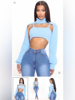Fashion Nova Light Blue Cutout Crop Sweater Jacket
